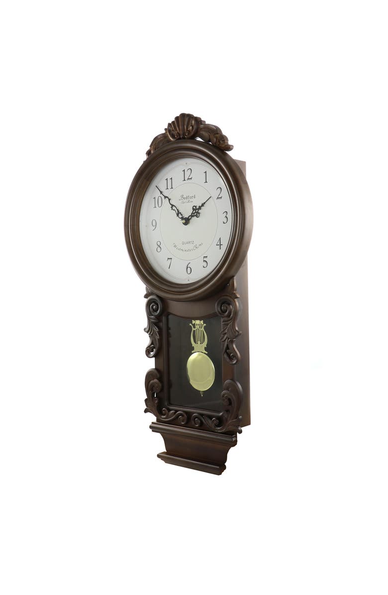 Bedford Clock Collection Chestnut Chiming Pendulum Wall Clock, Alternate, color, Chestnut