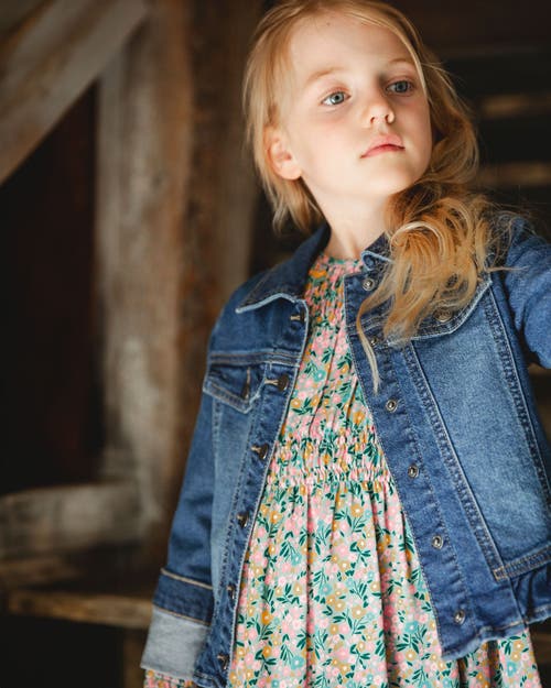 Deux Par Deux Denim Jacket With Ruffle Hem And Floral Embroidery In Blue