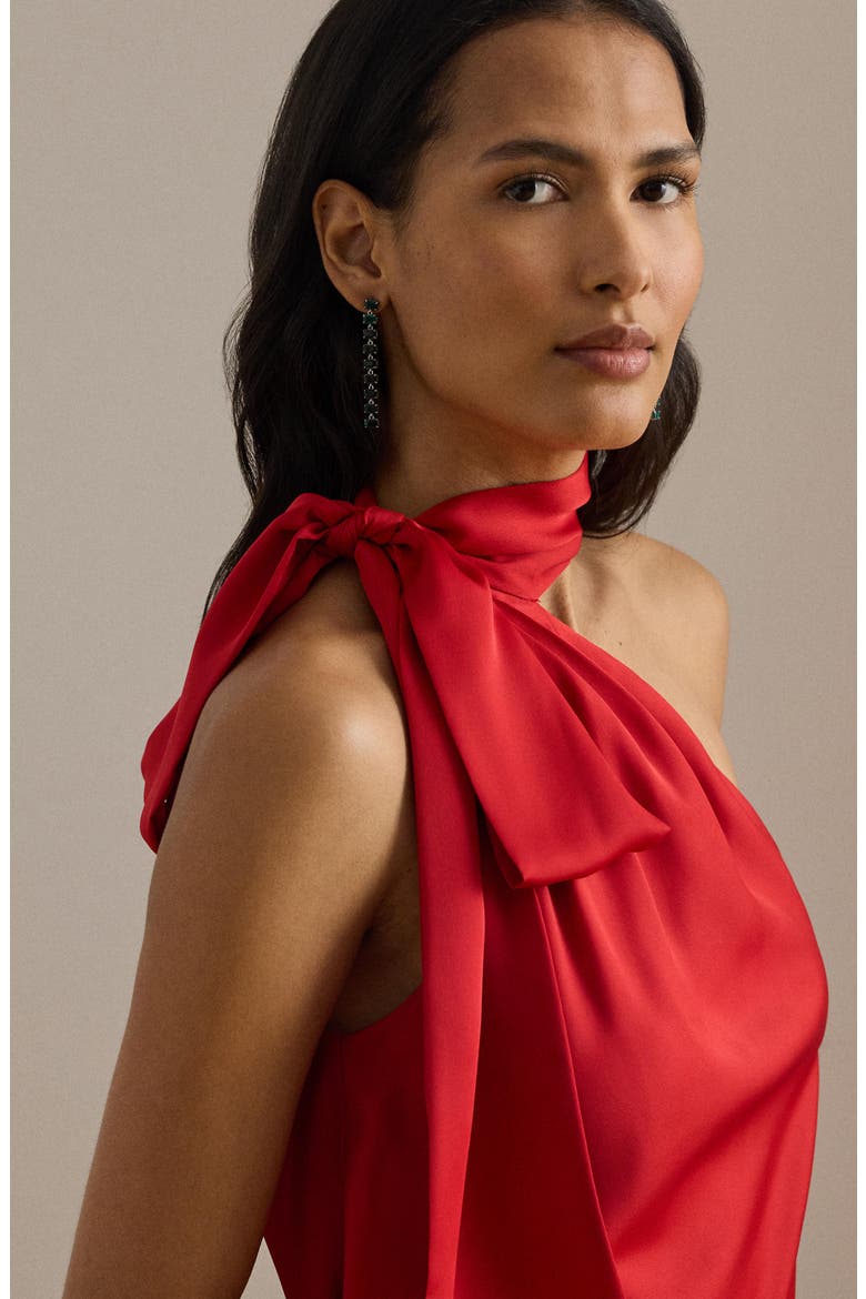 Tie Neck Asymmetric Charmeuse Halter Top, Alternate, color, CRUISE RED