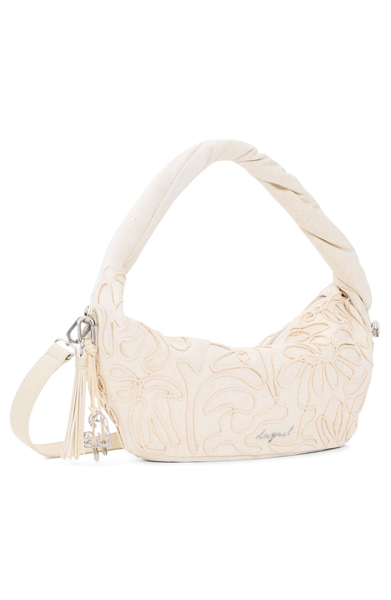 Desigual Raffia & Canvas Shoulder Bag, Alternate, color, White