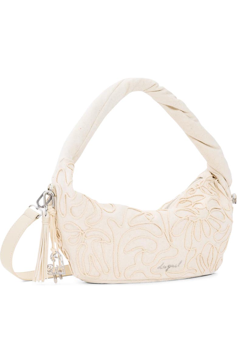 Desigual Raffia & Canvas Shoulder Bag, Alternate, color, White