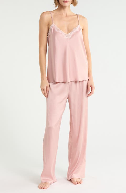 Lace Trim Satin Camisole & Pants Pajamas