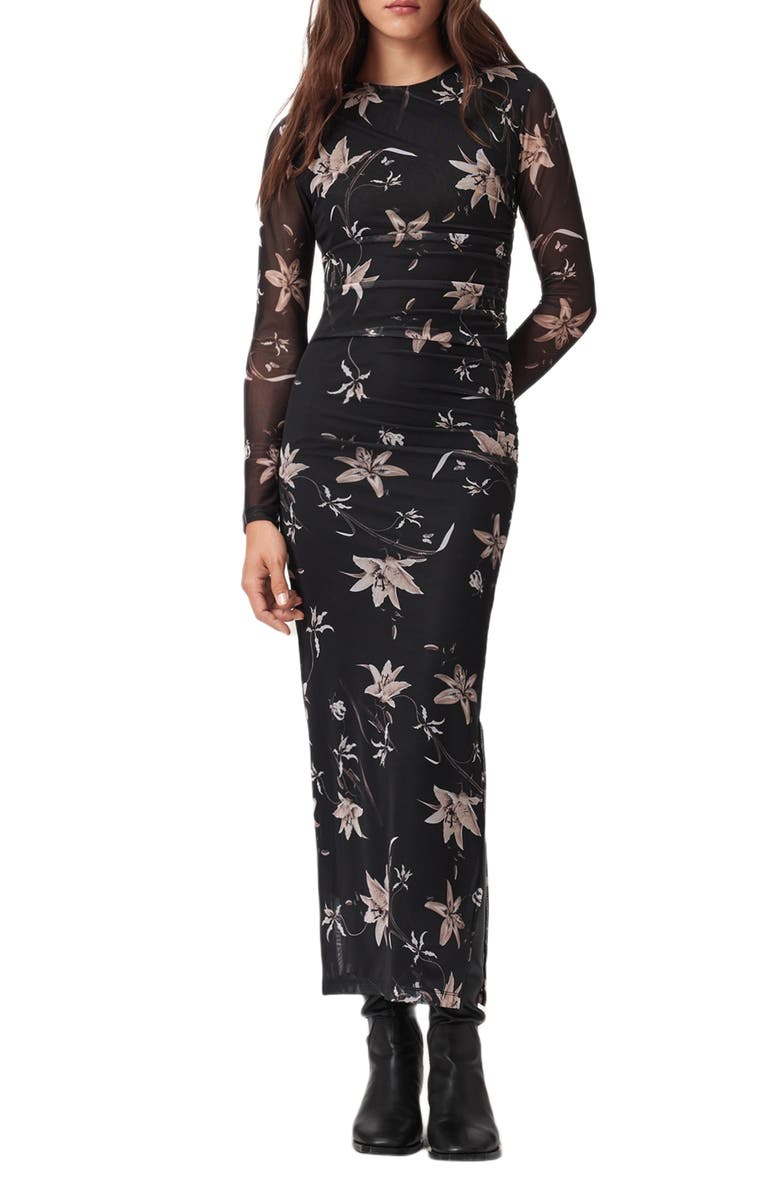 AllSaints Caia Floral Long Sleeve Mesh Dress, Main, color, Petra Sepia Brown