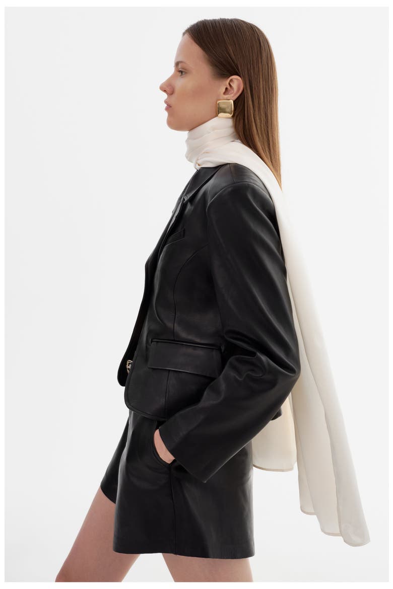 Valentina| Micro Leather Blazer, Alternate, color, Black