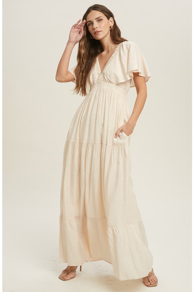 Flutter Sleeve Tiered Maxi Dress, Alternate, color, CREAM
