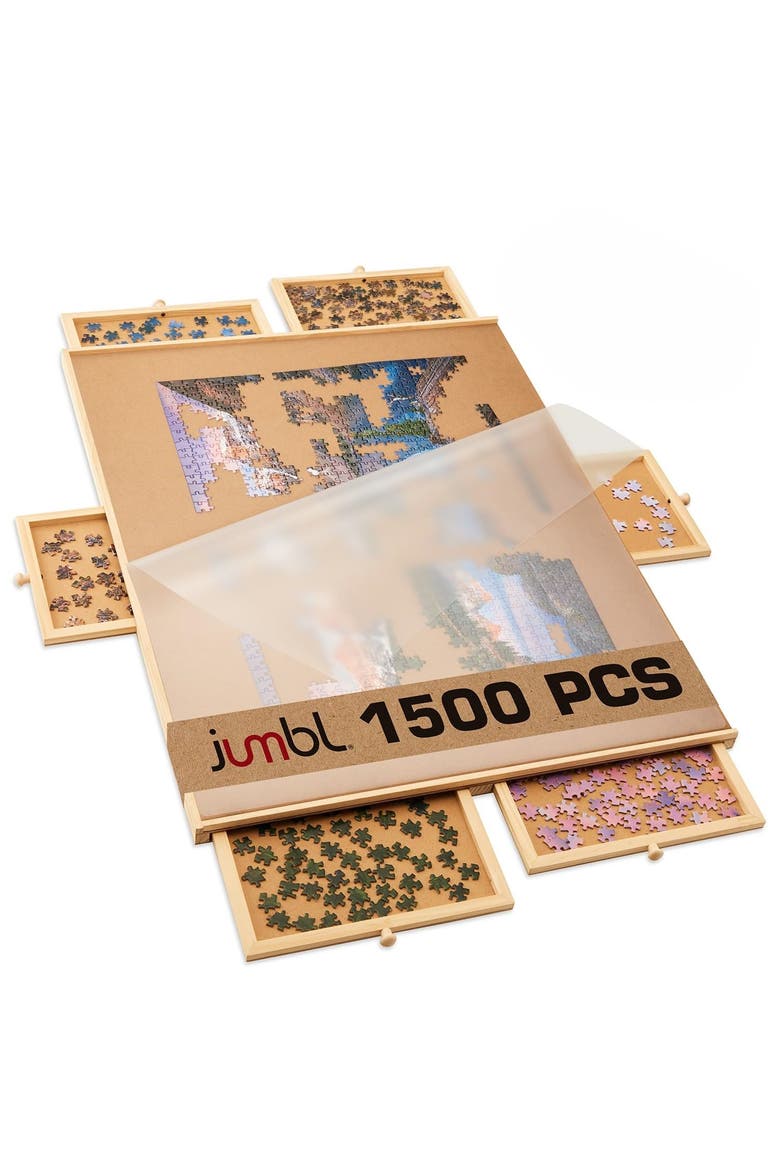 1500-Piece Wooden Puzzle Board with Drawers, Lazy Susan & Cover, Rotating Table, Main, color, Beige