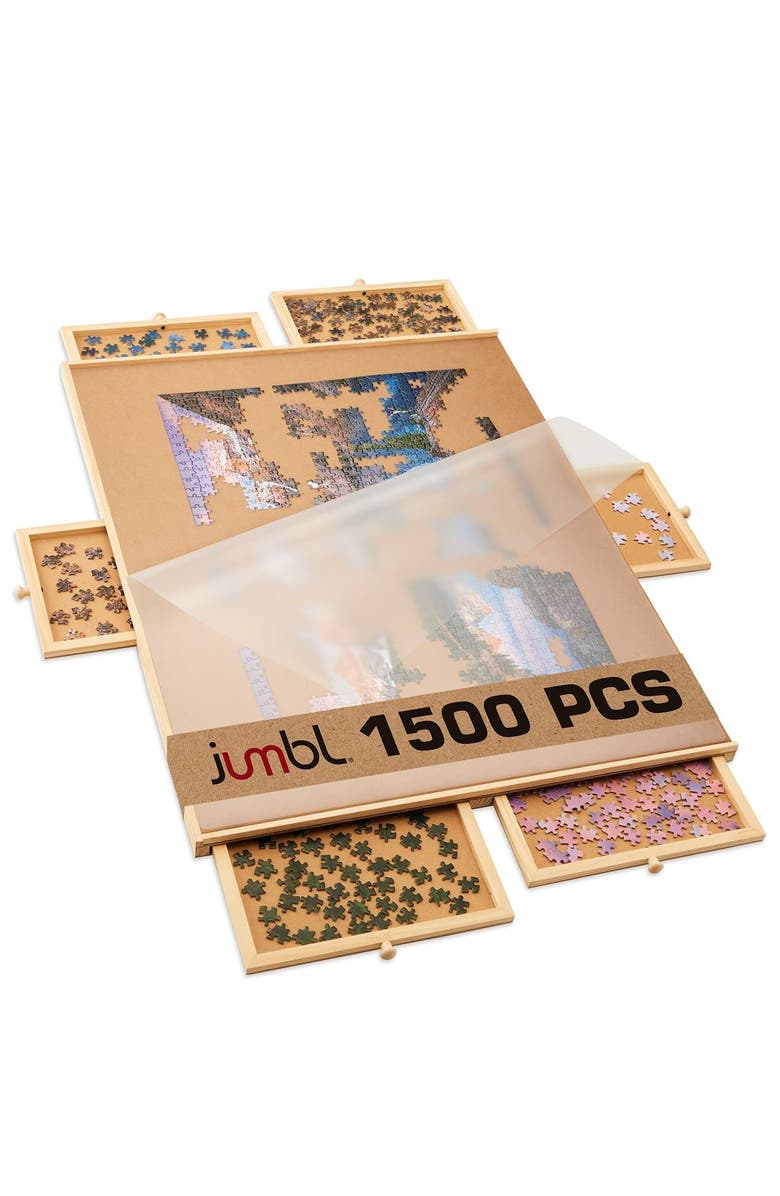Jumbl 1500-Piece Wooden Puzzle Board with Drawers, Lazy Susan & Cover, Rotating Table, Main, color, Beige