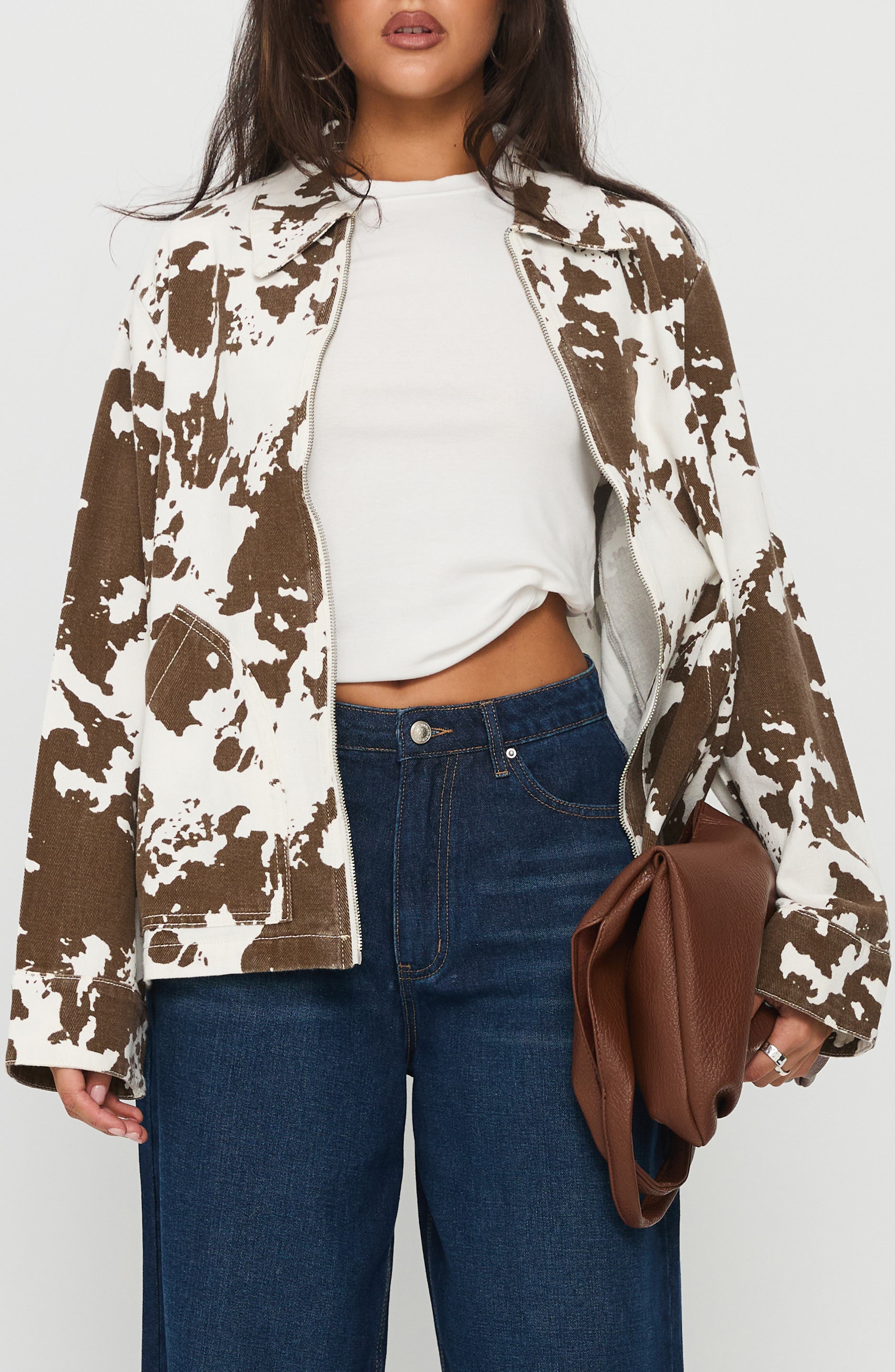 Princess Polly Another Life Zip Through Cow Print Jacket