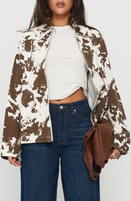 Princess Polly Another Life Zip Through Cow Print Jacket