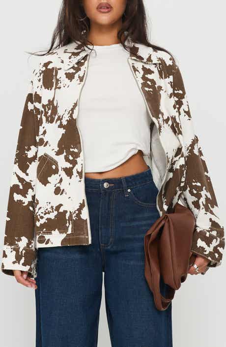 Princess Polly Another Life Zip Through Cow Print Jacket
