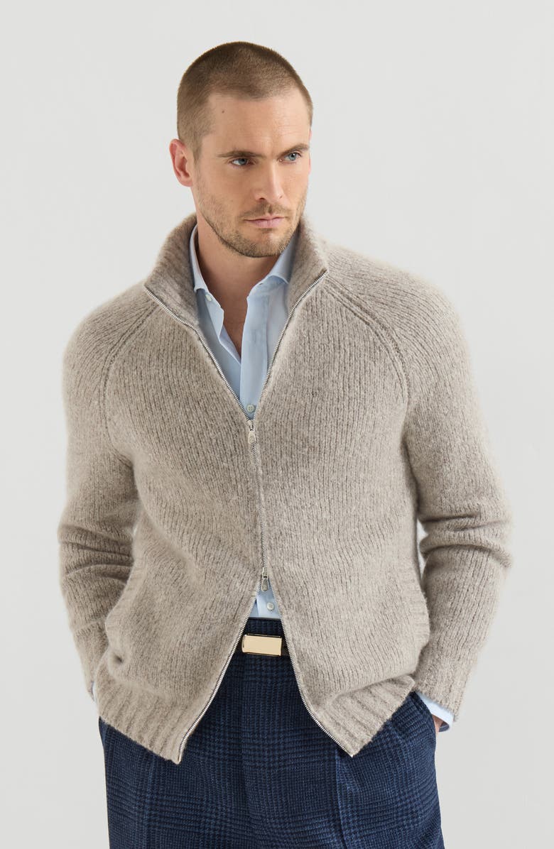 Brunello Cucinelli Cashmere and silk high-neck cardigan with zipper, Main, color, White