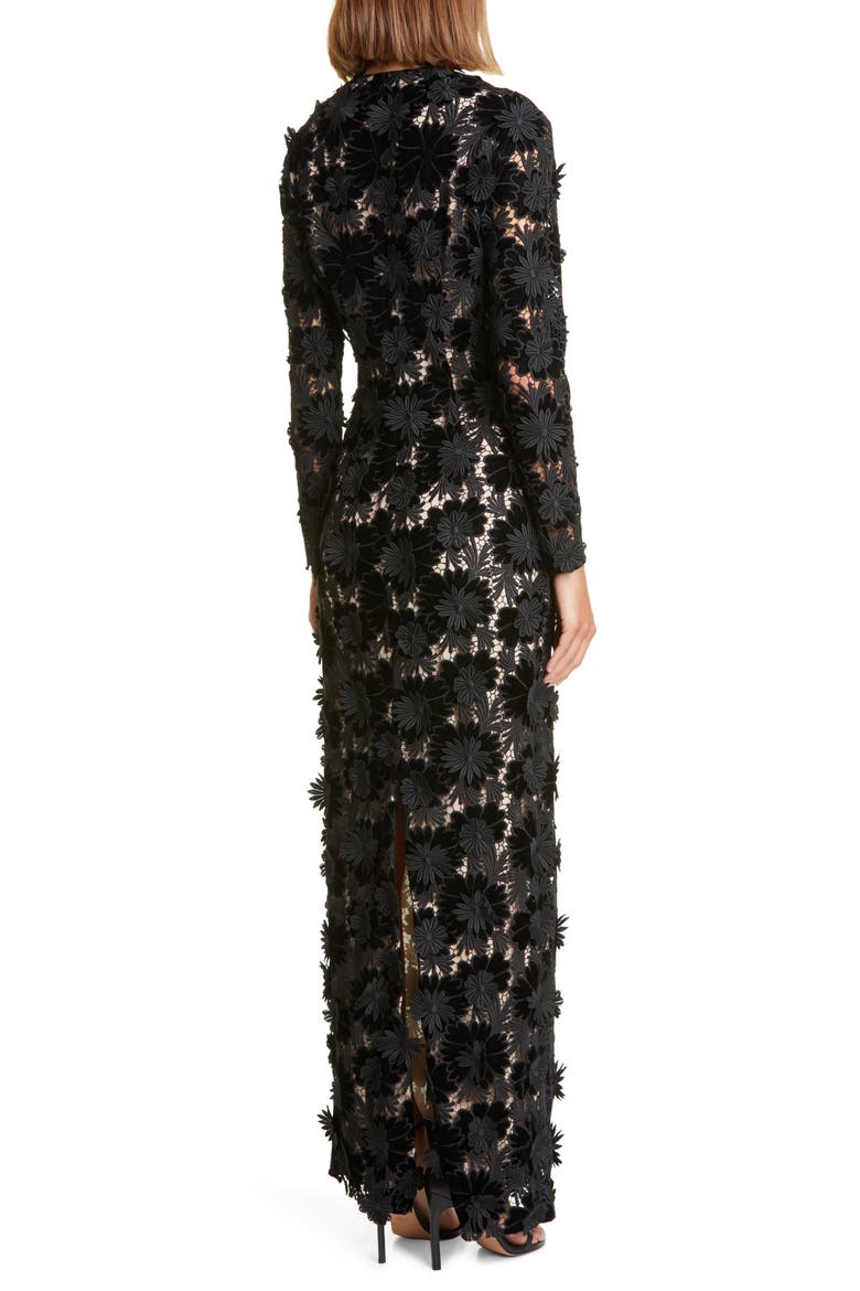 Plunge Neck Velvet Guipure Lace Gown, Alternate, color, BLACK