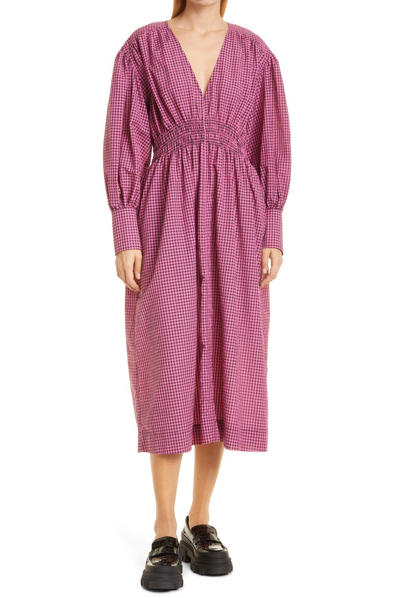 Seersucker Check Long Sleeve V-Neck Dress, Main, color, CARMINE ROSE