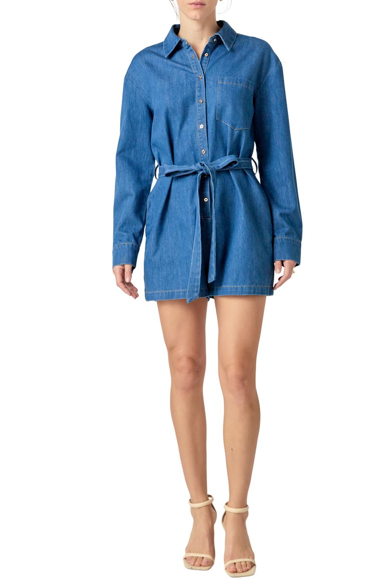 Long Sleeve Denim Romper, Main, color, DENIM
