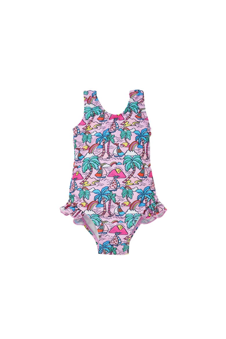Girls Sun Protective UPF 50+ Delaney Hip Ruffle Swimsuit, Alternate, color, Island Doodles