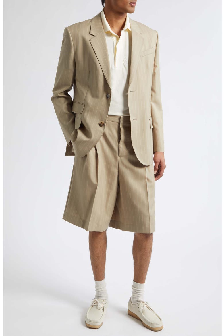 Pleated Pinstripe Wide Leg Wool Gabardine Bermuda Shorts, Alternate, color, BEIGE TAUPE/ BLANC CREME