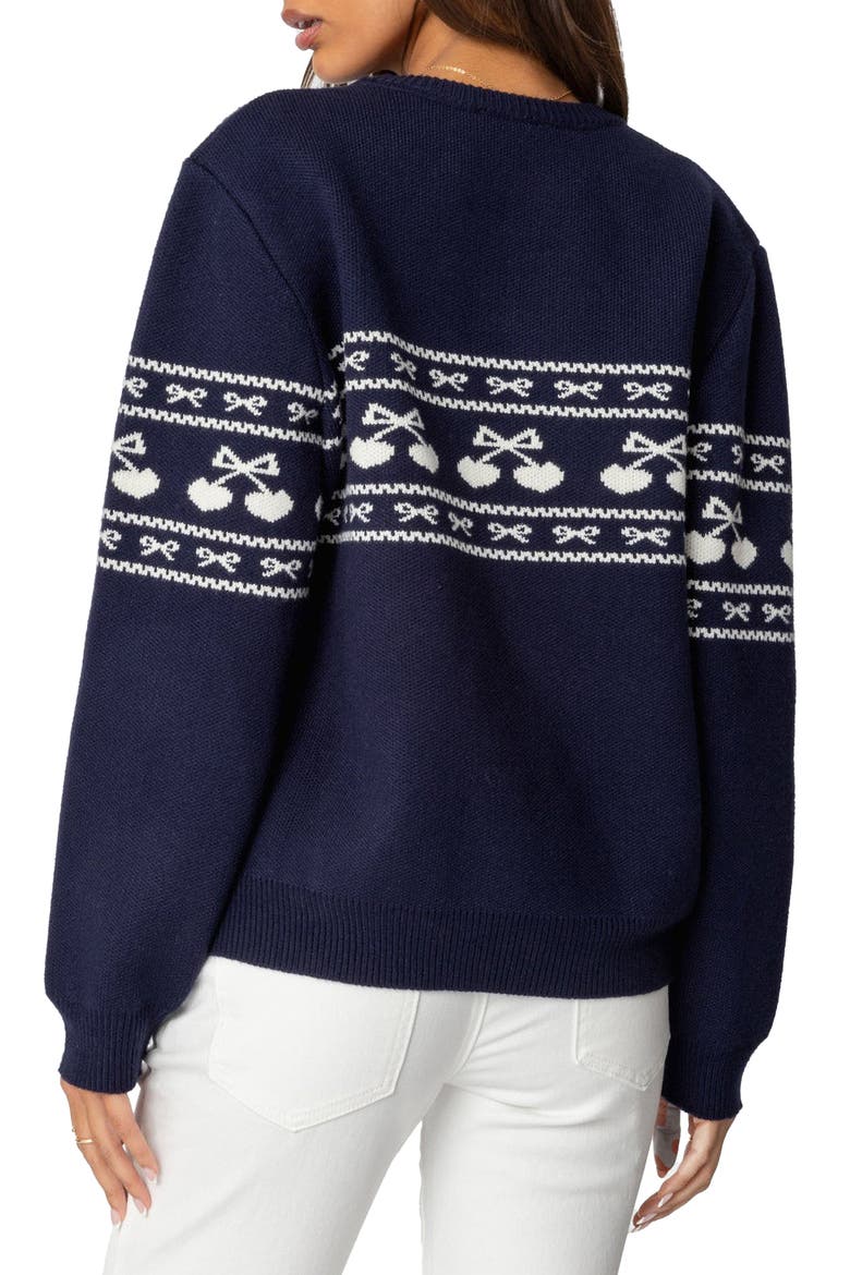 Holiday Cheer Hearts & Bows Fair Isle Crewneck Sweater, Alternate, color, NAVY