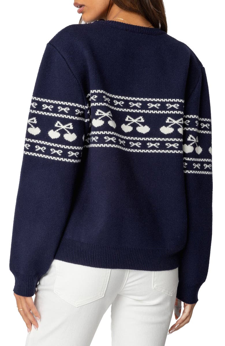 EDIKTED Holiday Cheer Hearts & Bows Fair Isle Crewneck Sweater, Alternate, color, Navy