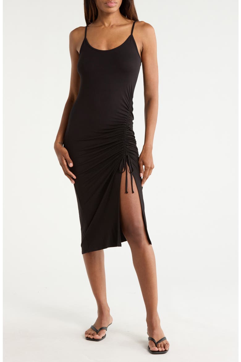 Strappy Cinch Side Midi Dress, Main, color, BLACK