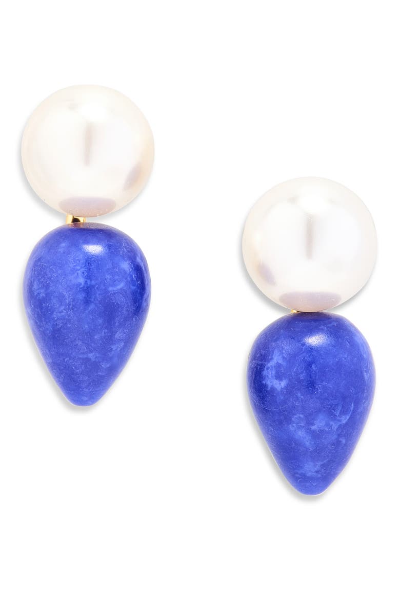 Lapis Stone & Faux Freshwater Pearl Double Drop Earrings, Main, color, LAPIS