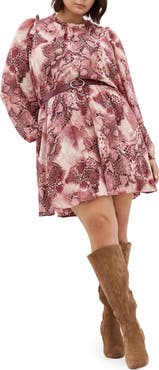 City Chic Maddie Print Belted Long Sleeve Dress
