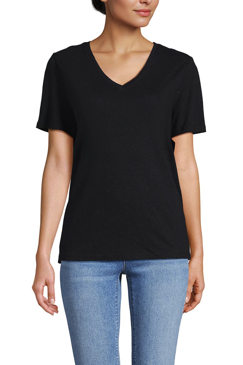 Short Sleeve Linen Blend V-Neck Tee, Main, color, Black