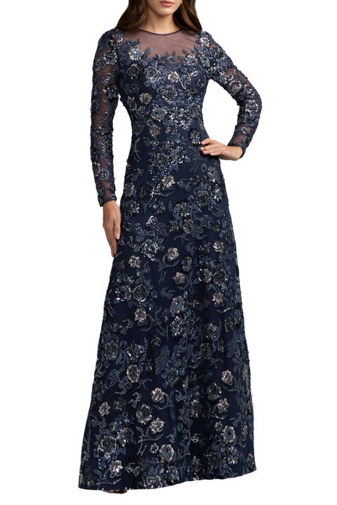 Women's Floral Embellished Mesh A-line Gown