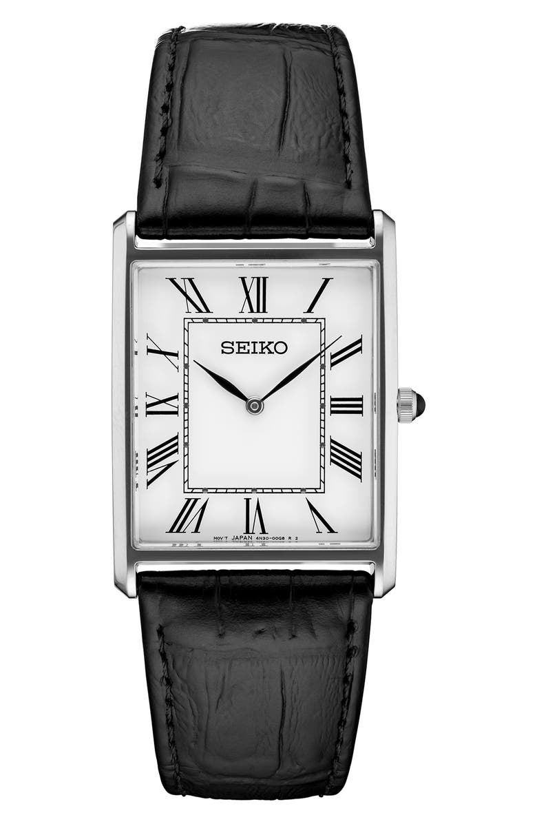 SEIKO WATCHES Essentials Tank Leather Strap Watch, 28.4mm x 36.5mm, Main, color, White/Silver