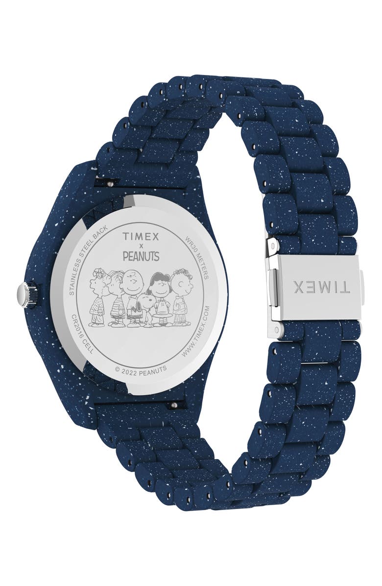 Timex<sup>®</sup> Waterbury Ocean x Peanuts<sup>®</sup> Recycled Plastic Bracelet Watch, 42mm, Alternate, color, Dark Blue/ Dark Blue