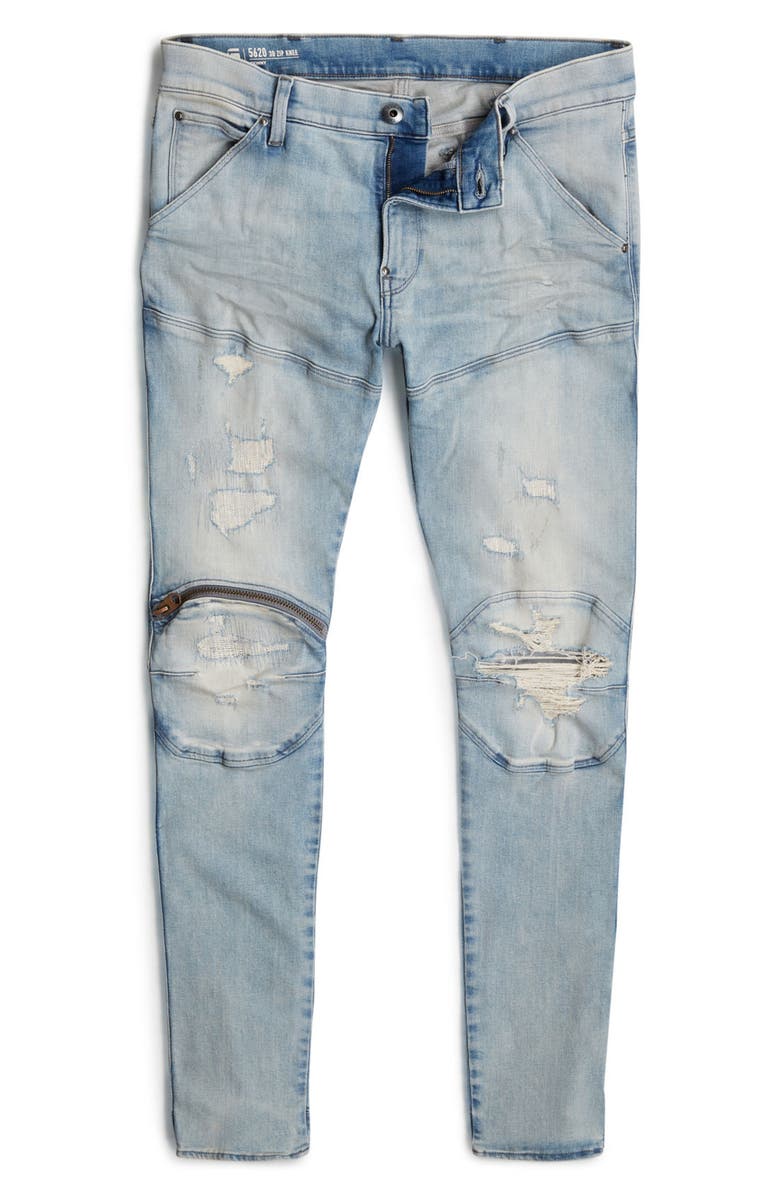 G-STAR 5620 3D Zip Knee Ripped Skinny Jeans, Alternate, color, Vintage Summer Sky Restored