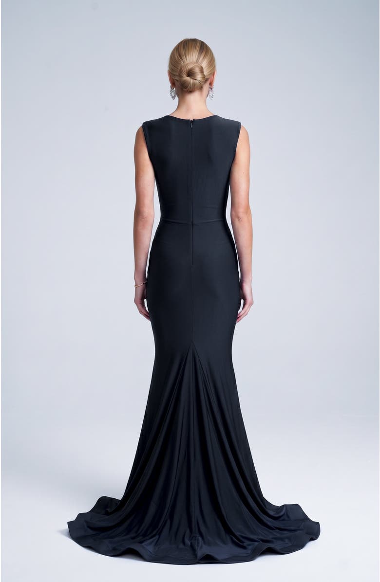 Jessica Angel Ruched Plunge Pleated Sleeveless Mermaid Gown, Alternate, color, Black