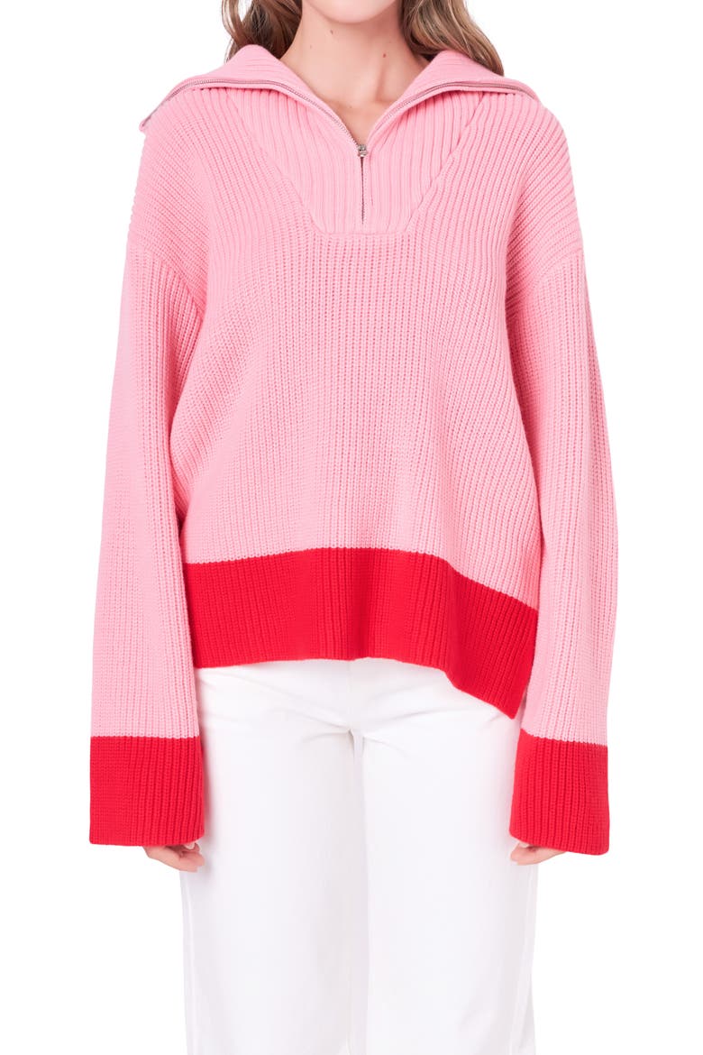 Contrast Quarter Zip Sweater, Alternate, color, PINK/ RED