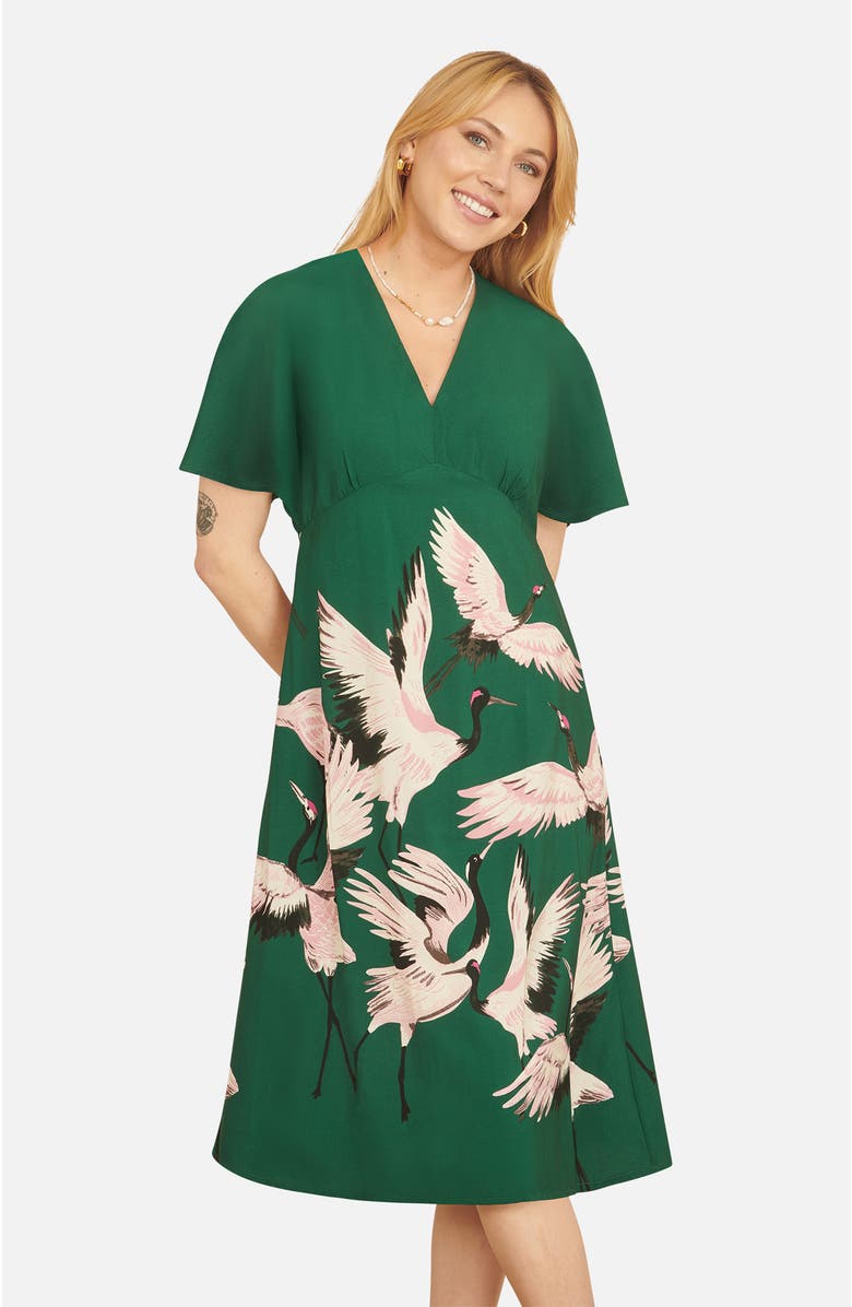 Yumi Crane Print Kimono Midi Dress, Alternate, color, Green