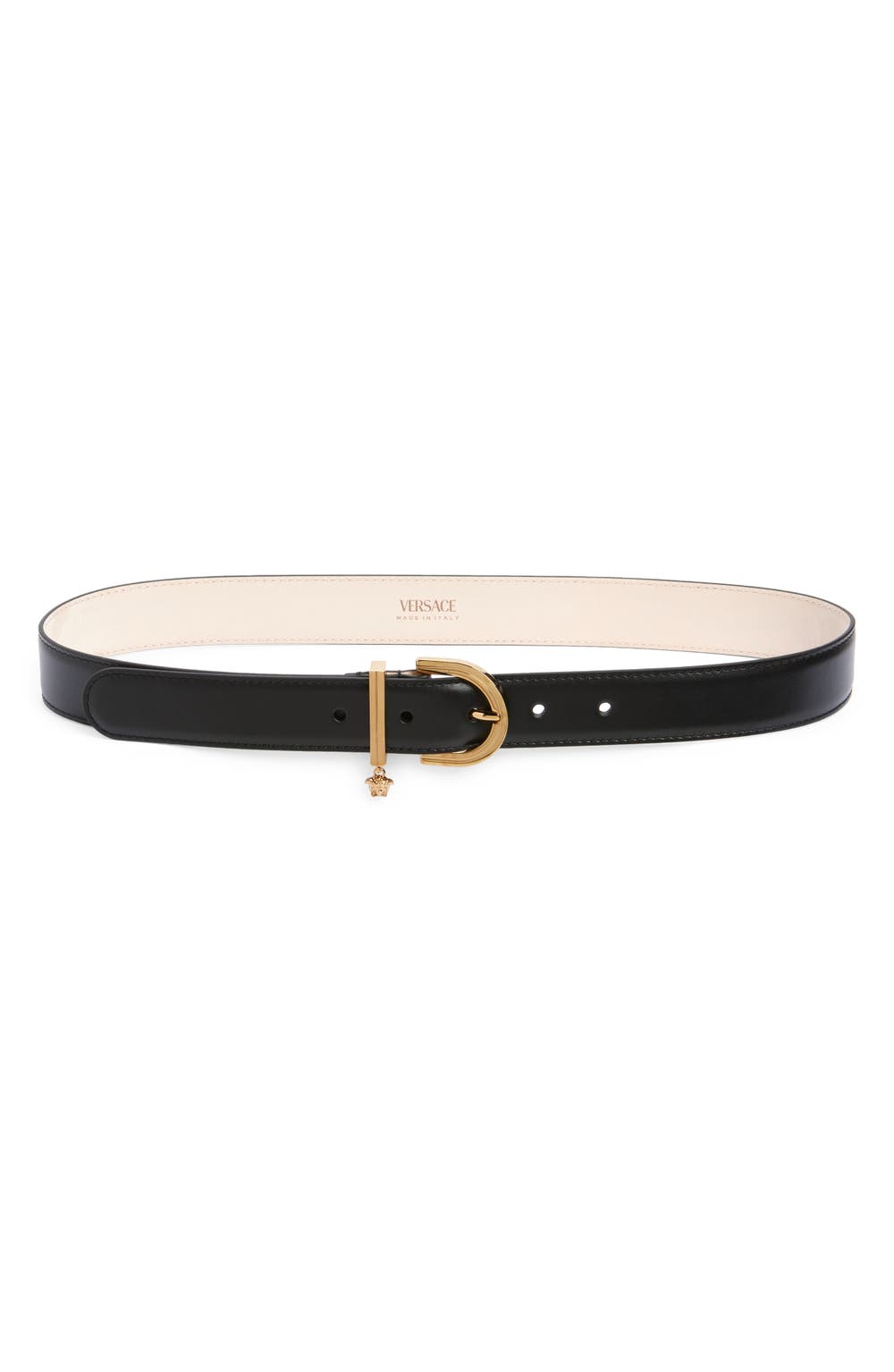 Medusa Charm Leather Belt, color, BLACK-VERSACE GOLD
