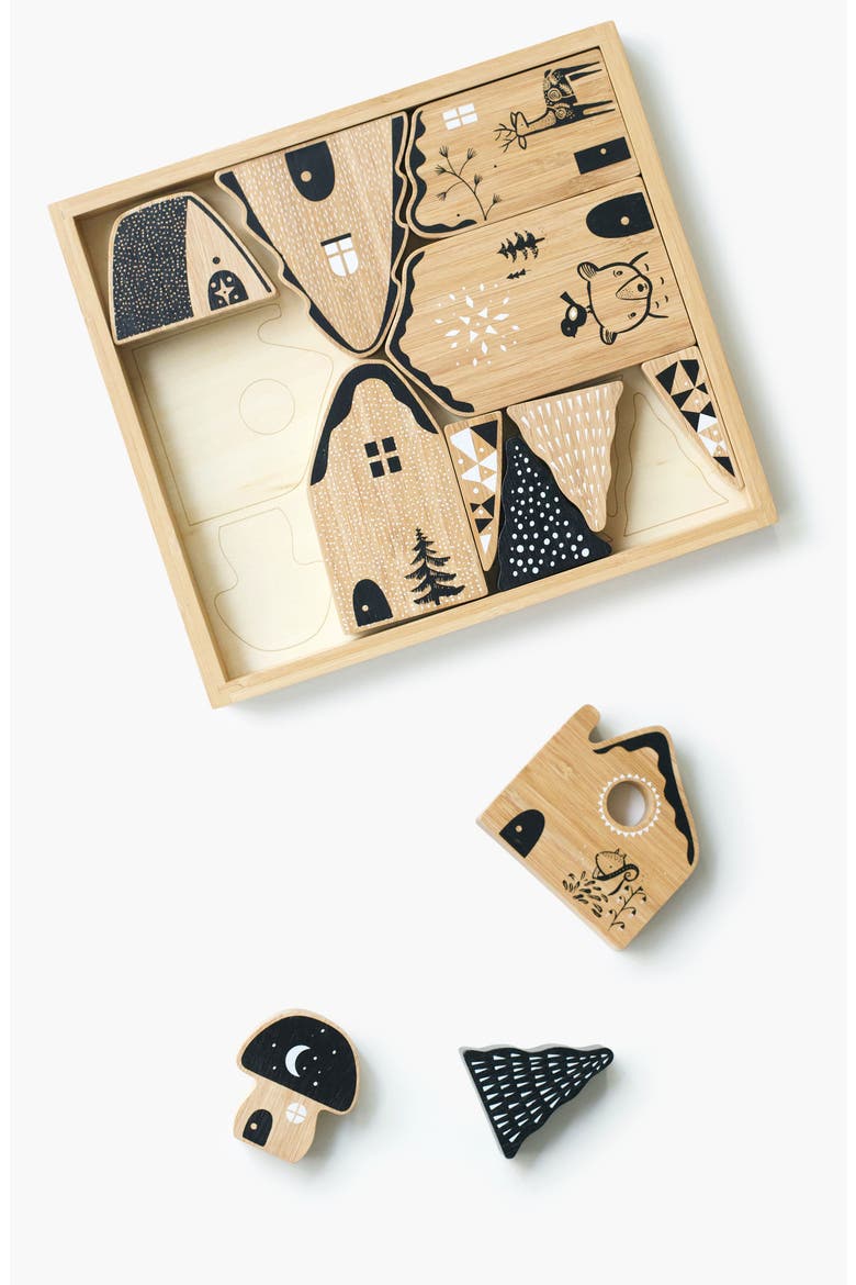 Woodland Village Building Blocks with Houses, Trees & Animals, Alternate, color, Natural Bamboo