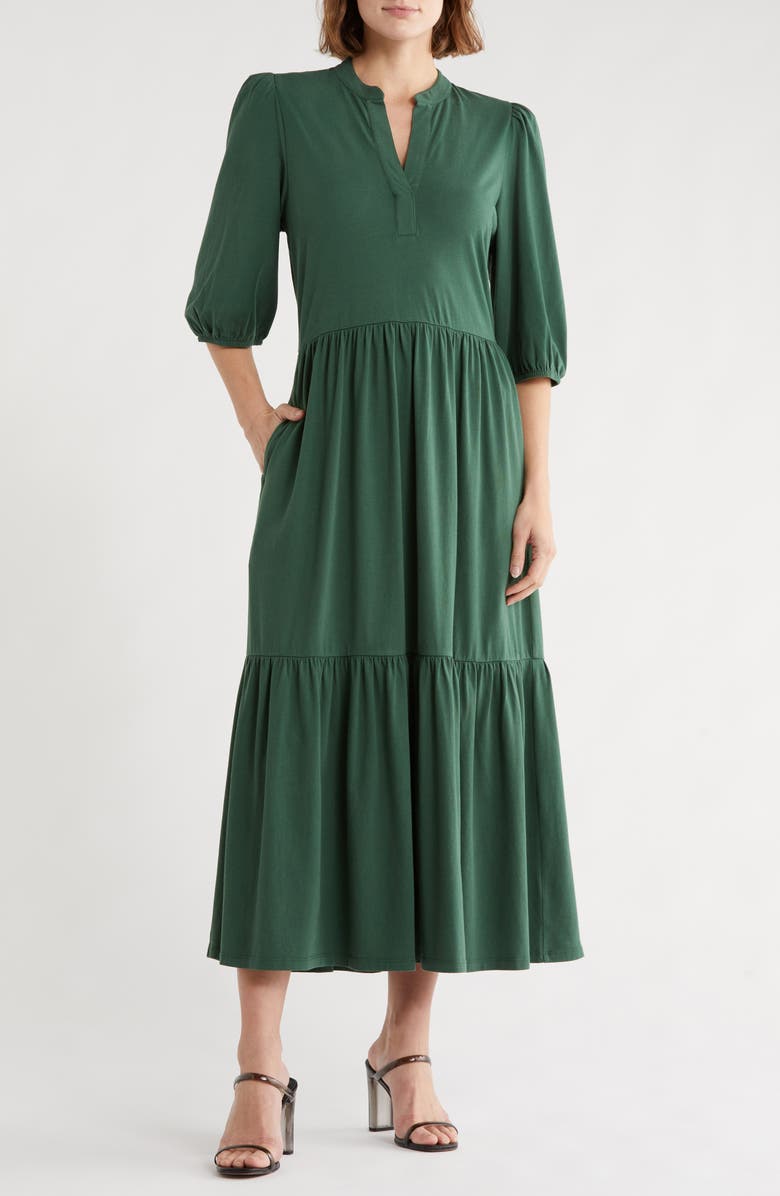 Caslon<sup>®</sup> Three-Quarter Sleeve Knit Midi Dress, Main, color, Green Pinecone