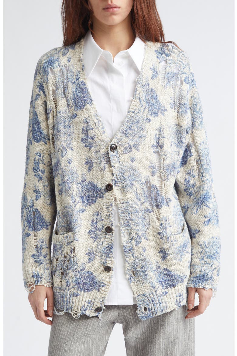 Distressed Oversize Floral Linen Blend Cardigan, Main, color, BLUE FLORAL