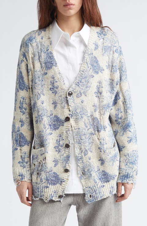 Distressed Oversize Floral Linen Blend Cardigan