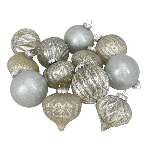 Northlight 12ct Champagne And Silver Mercury Glass Style Glass Christmas Ornament Set 3" In Silver