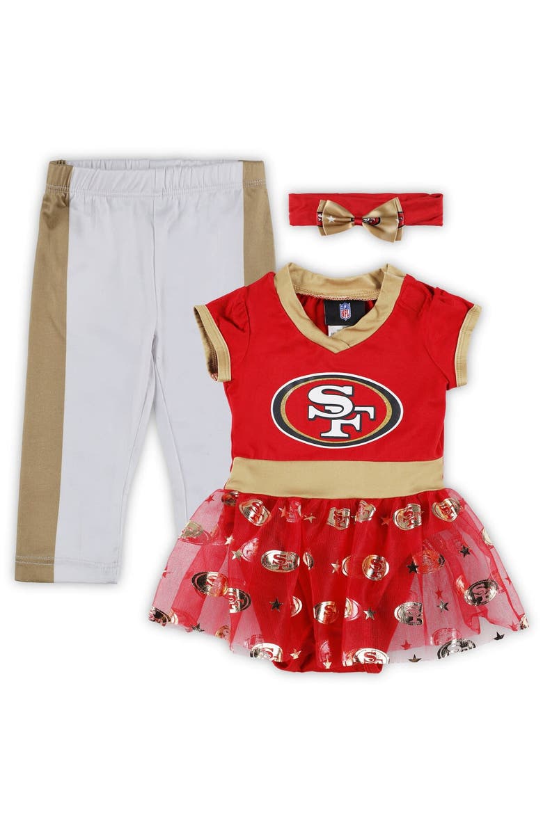 JERRY LEIGH Girls Infant Scarlet San Francisco 49ers Tailgate Game Day Bodysuit with Tutu, Headband & Leggings Cheerleader Set, Main, color,