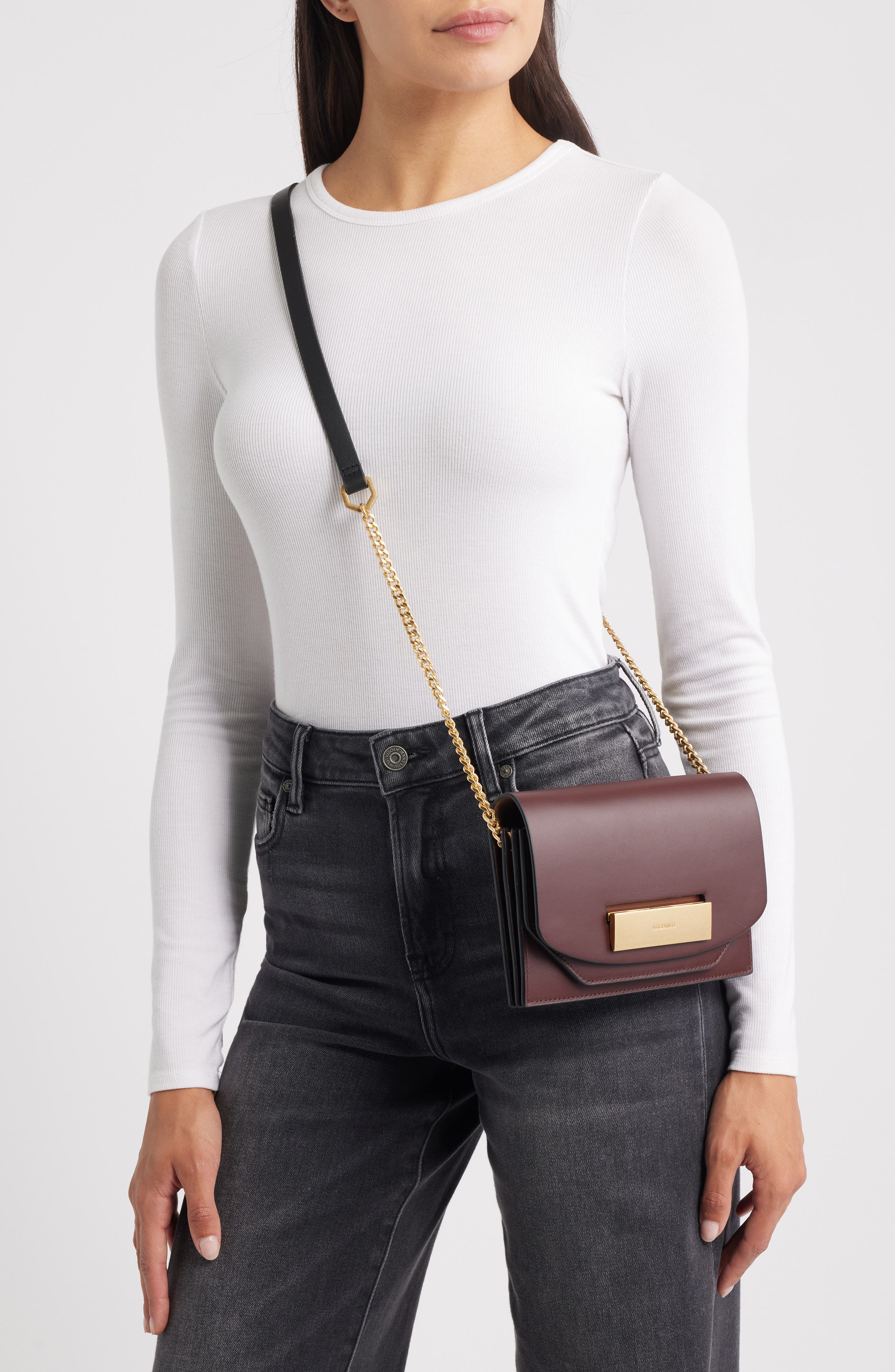 AllSaints Etta Leather Clutch, Alternate, color, Dark Red