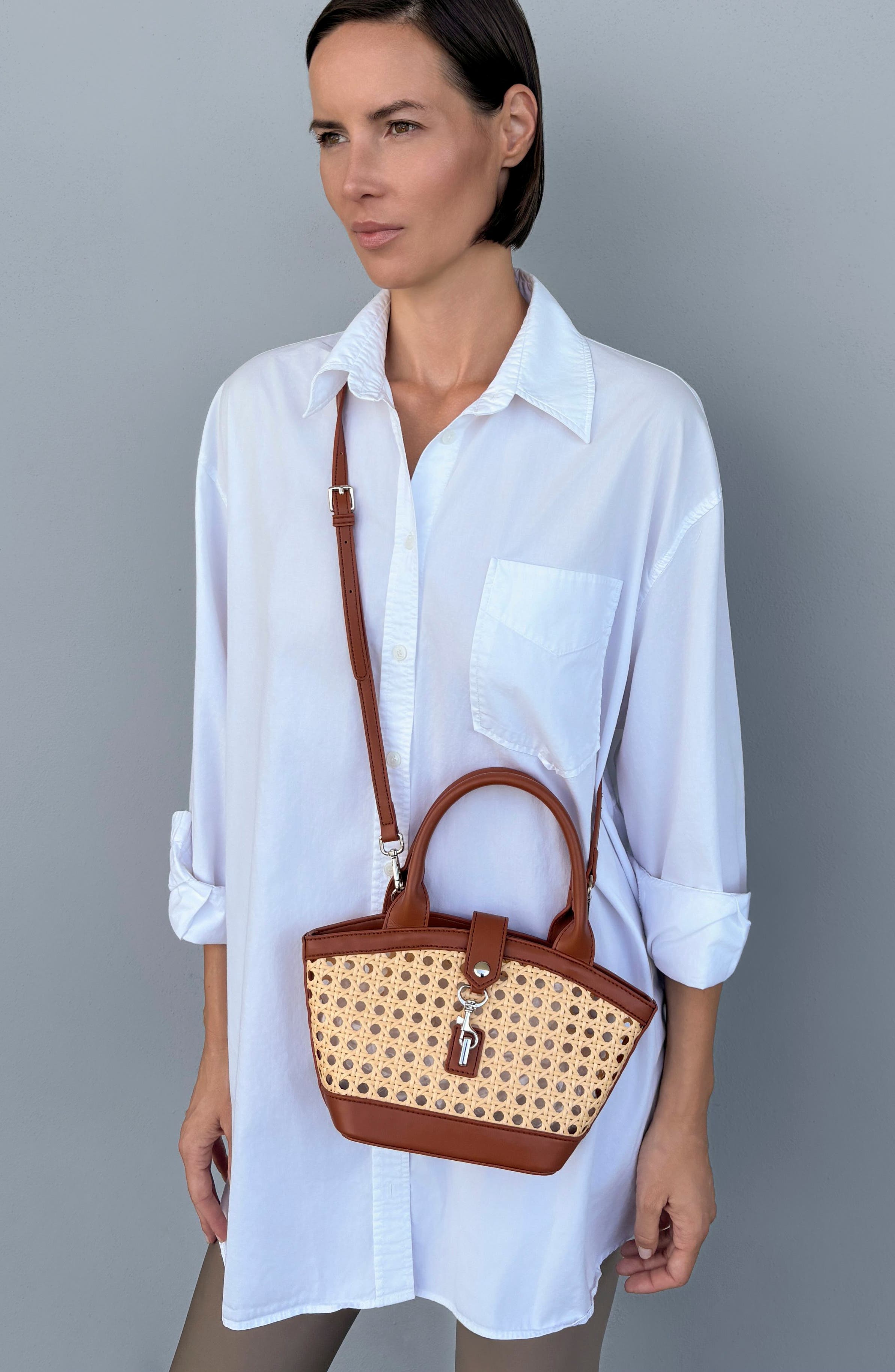 Kane Rattan Faux Leather Shoulder Bag, Alternate, color, BROWN/ TAN