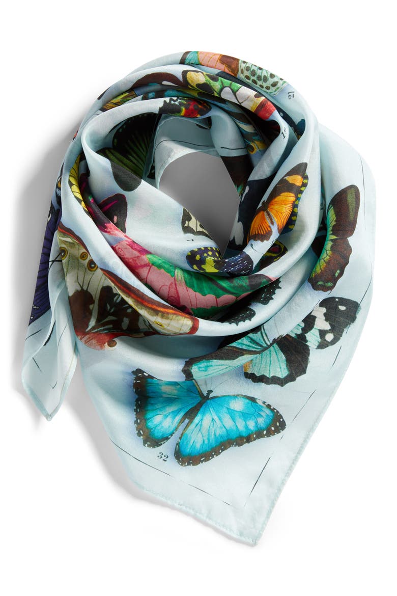 Print Silk Scarf, Alternate, color, BLUE BUTTERFLY BEAUTY PRINT