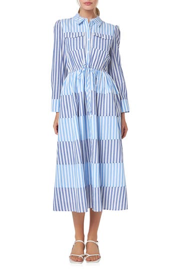 ENGLISH FACTORY ENGLISH FACTORY STRIPE BLOCK TIE WAIST LONG SLEEVE MIDI DRESS