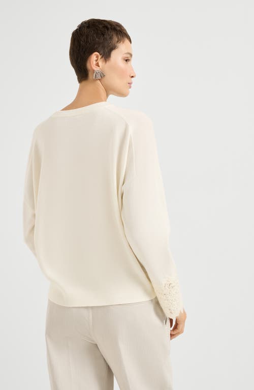 Brunello Cucinelli Cashmere Wispy Lace-cuff Sweater In White