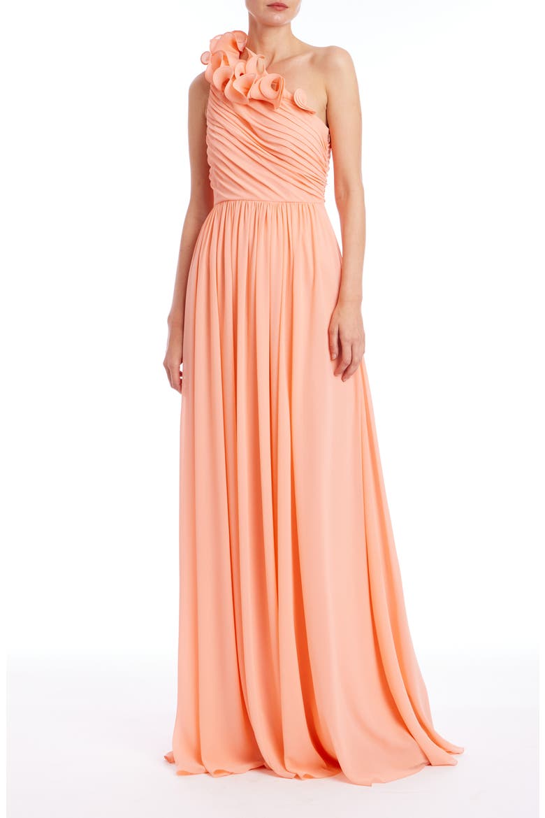 Frill Pleated One-Shoulder Gown, Main, color, CORAL