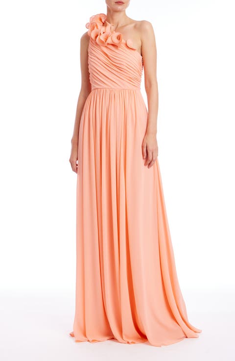 Frill Pleated One-Shoulder Gown