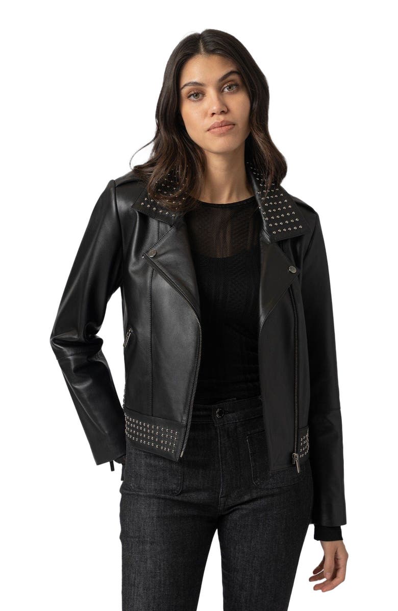 Saint + Sofia Bonham Studded Biker Jacket, Alternate, color, Black