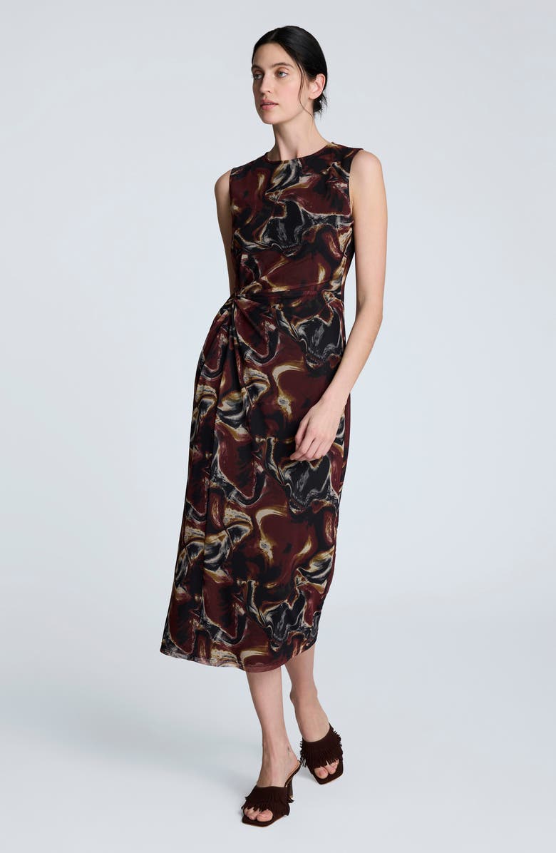 Kenneth Cole Abstract Print Side Ruched Midi Dress, Alternate, color, Black Multi