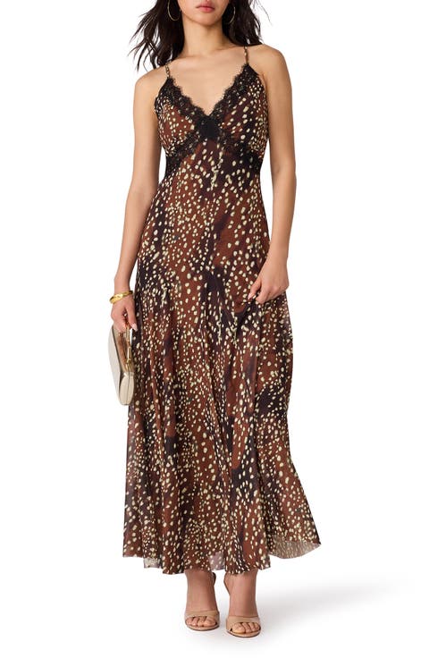 Em Dot Print Satin & Lace Dress